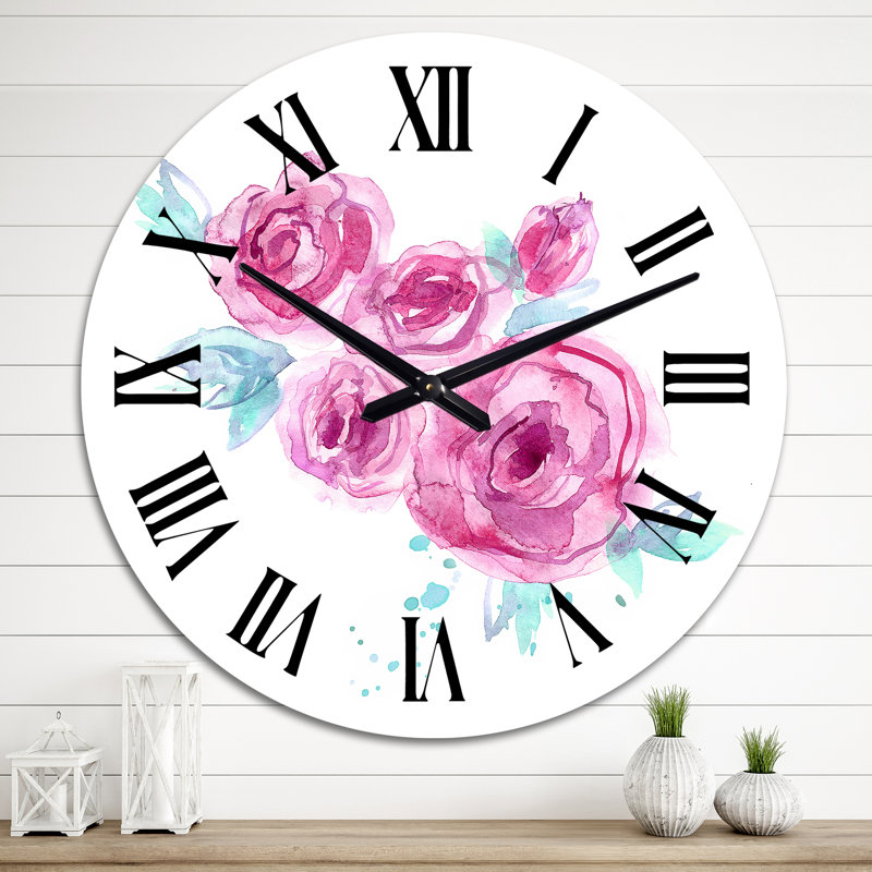 Roses roses sur fond blanc - Horloge murale traditionnelle, Surdimensionné