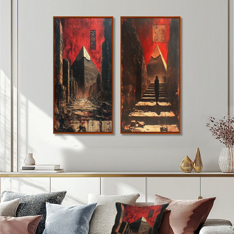 «Red Pharaohs Legacy Giza Pyramid I», ensemble d'art mural égyptien 2 pièces, H 28 po x l 24 po, Cadre flottant brun