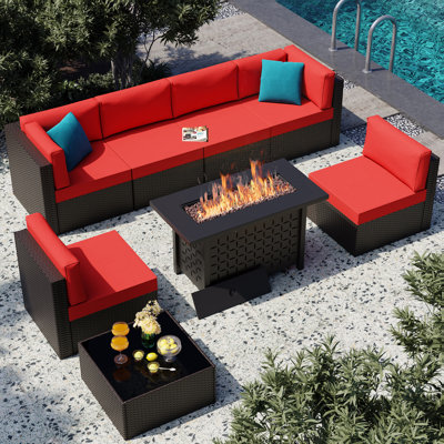 8-Piece Outdoor Rattan Patio Set with Fire Pit Table