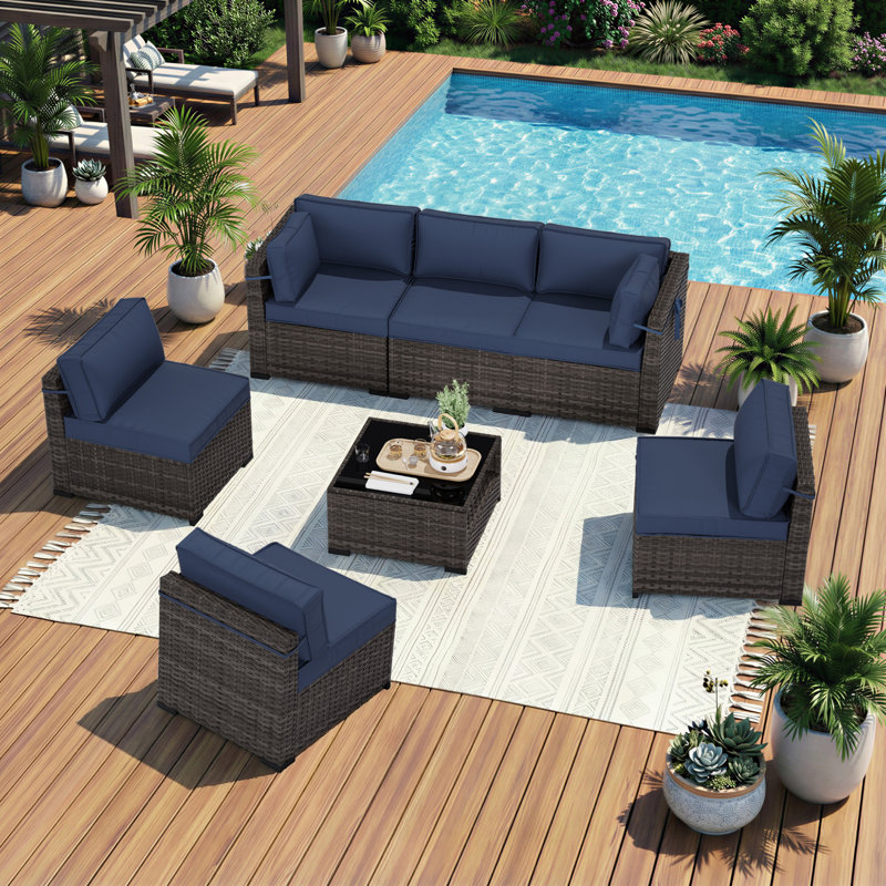 6-Person All-Weather Wicker Modular Patio Conversation Set with Thick Supportive Cushions, Blue