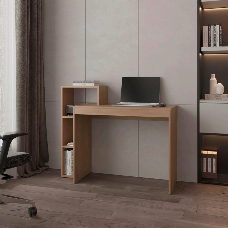 Bureau d'ordinateur en chêne naturel avec rangement ouvert