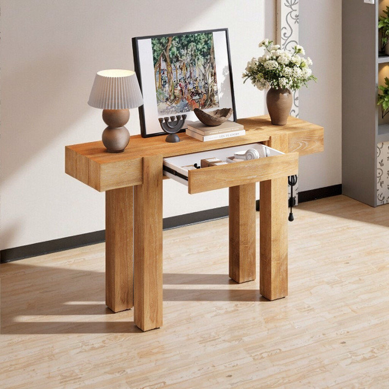 Console de hall d'entrée en bois massif avec prise de courant à tiroir caché et pieds réglables, Natural Wood