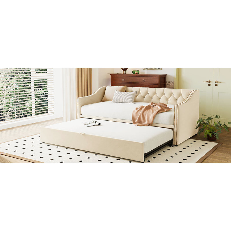 Lit de jour simple rembourré avec gigogne escamotable beige - contemporain et confortable sans sommier tapissier, Beige