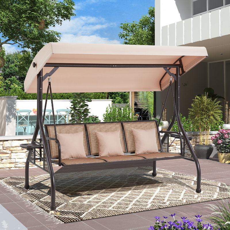 Brown 3-Person Patio Swing with Adjustable Canopy and Cup Holders