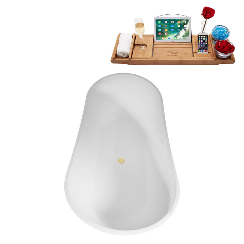 75" Streamline Soaking Matte White Freestanding Tub and Tray With Drain, Polished Brass