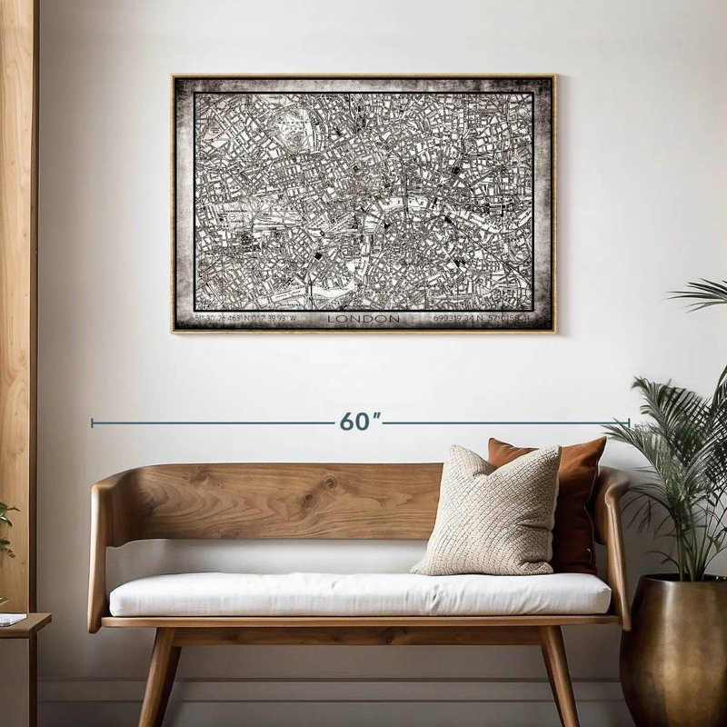 Carte de la ville de London Grunge, Cadre flottant en bois naturel, 43 po x 29 po