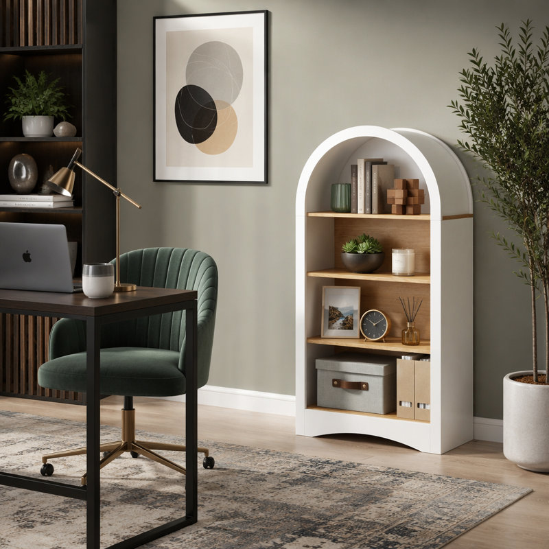 Présentoir de 47 pouces autoportant arqué avec tablettes en grain de bois, rangement ouvert à 4 niveaux, petite bibliothèque d'appoint pour le salon et la chambre à coucher