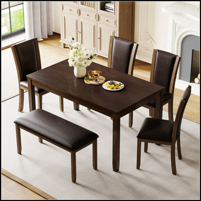6-Piece Dining Table Set With Bench And Chairs, Wooden Farmhouse Style For 6 People, For Cozy Family Gatherings And Rustic Decor