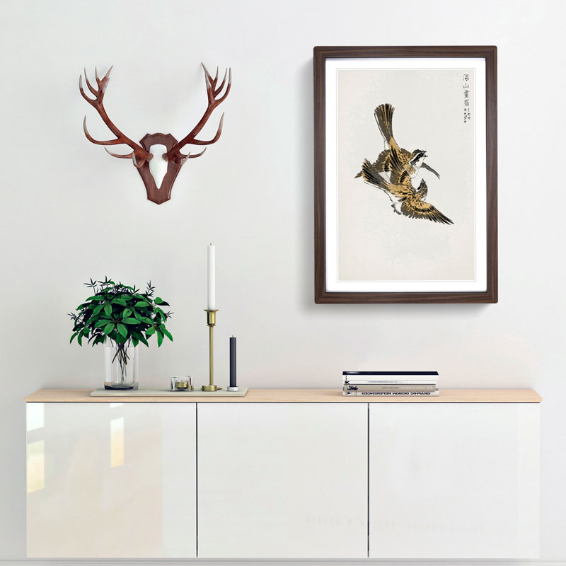 Yellow-Throated Bunting Birds by Numata Kashu - Picture Frame Painting Print, 91cm H x 60cm W x 2cm D, Walnut