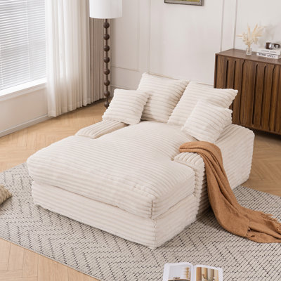 012-Luxury Corduroy Convertible Chaise Lounge With 4 Pillows Soft Sofa Bed No Assembly Required, Instant Setup Lounge Chair Bed For Living Room, Apartment & Small Spaces, Beige