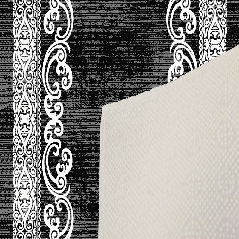 Tapis oriental en polyester tissé à plat Elmdale en noir / gris / blanc, Rectangle 4 pi 7 po x 7 pi 3 po