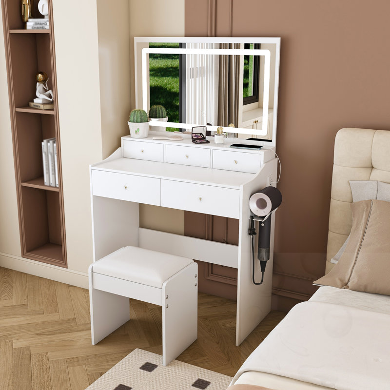 Makeup Vanity With Power Outlet, Hair Dryer Holder And 5 Drawers, White