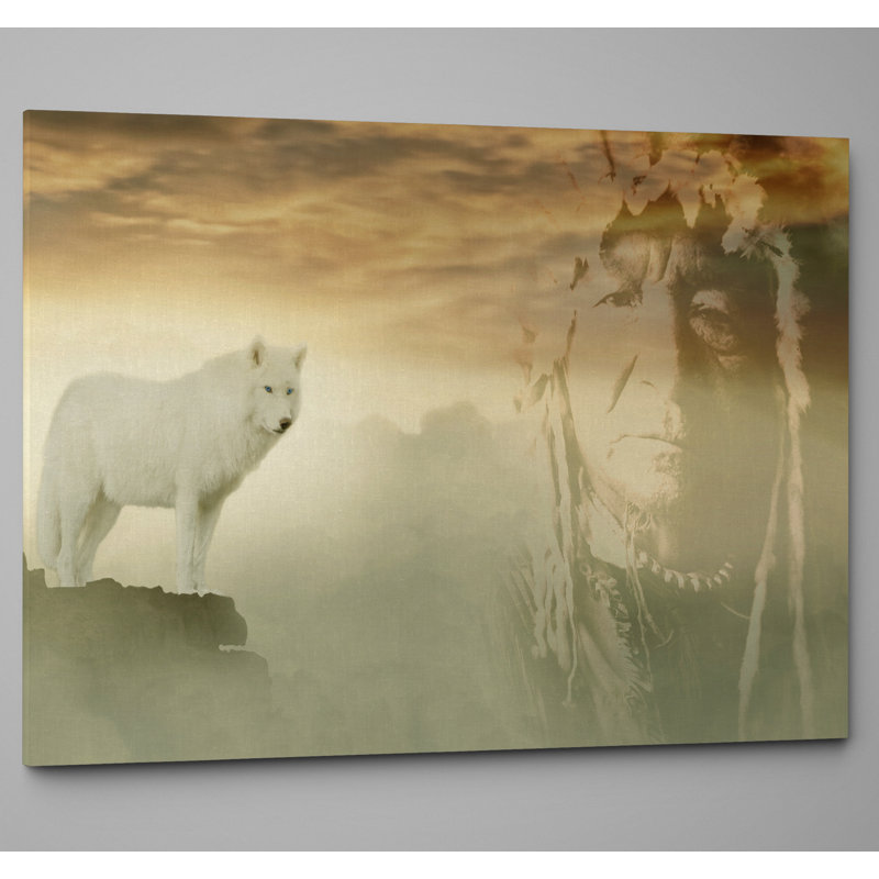 Wolf & Native American Red Chief Spirit - Wrapped Canvas Print