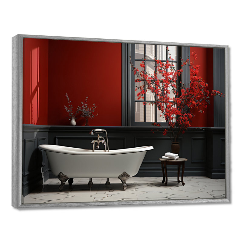 Rouge moderne, charme de salle de bain V - Art mural, H 34 po x l 44 po x P 1,5 po, Encadrement argenté