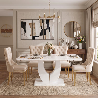 Ensemble de salle à manger moderne et minimaliste 5 pièces en faux marbre avec chaises en velours capitonné