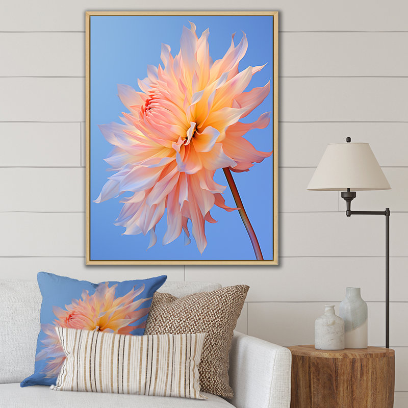 Corail dahlia dans le vent sur toile, H 44 po x l 34 po x P 1,5 po, Cadre naturel flottant