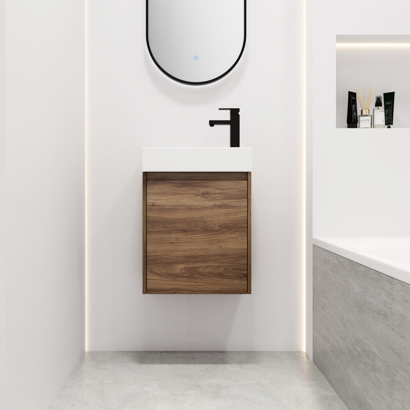 Meuble-lavabo flottant 18 po avec lavabo - capacité de rangement généreuse, vasque en céramique, design, petit ébène brun, rangement intérieur spacieux de 18 po, lavabo, contemporain