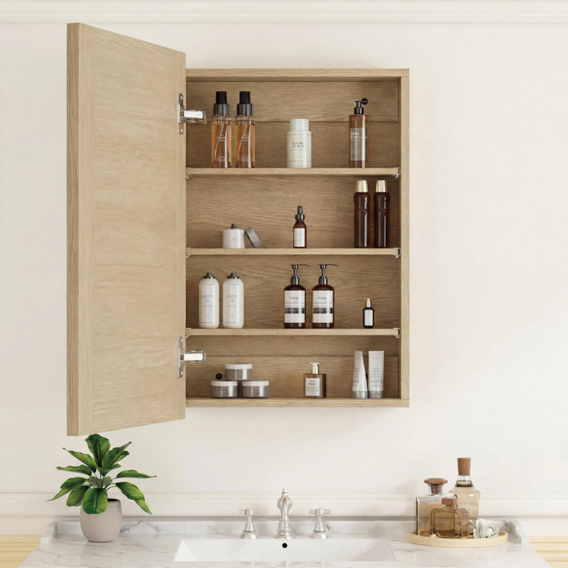 24'' W x 30'' H  Wood Framed Bathroom Medicine Cabinet with Mirror, Adjustable Shelves, Reversible Door, Wall-Mount or Recessed, Oak, Fully Assembled