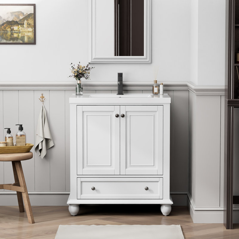  Sharee 30" Retro Bathroom Vanity With Sink Top, Bathroom Sink Faucet And Drain, Hand Painted, Assembly Required, White