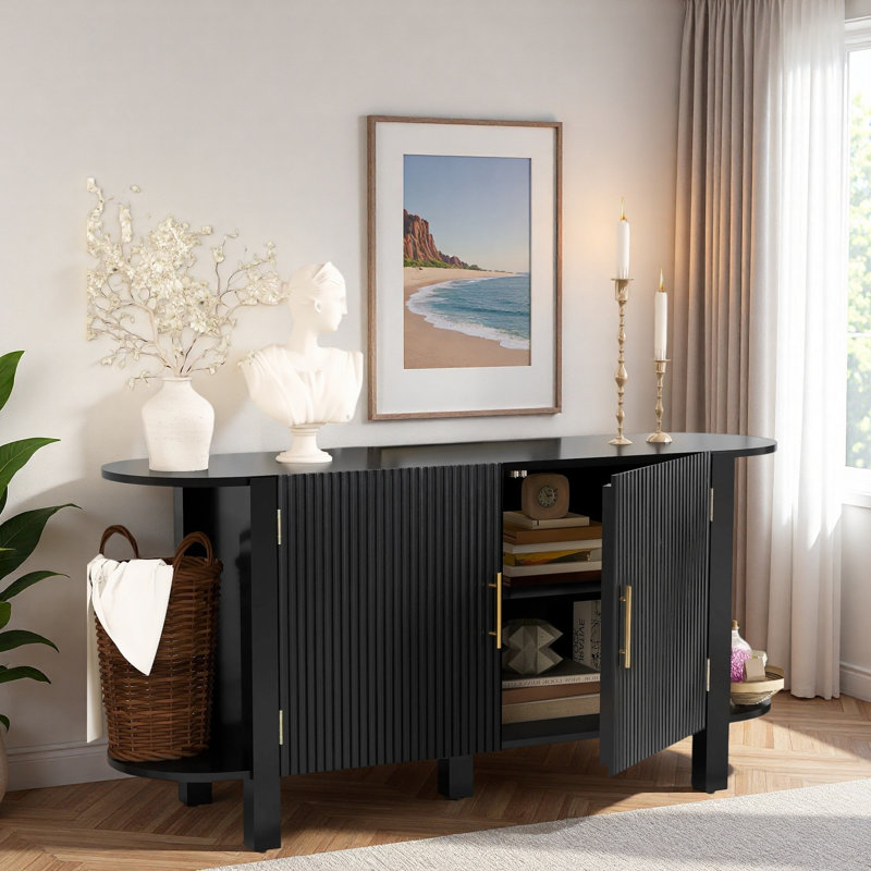 Buffet moderne avec tablettes courbées, grand espace de rangement et tablettes ajustables, Black