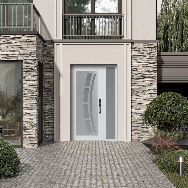 C12 à gauche 50 po X 80 po Panneau d'entrée acier argenté blanc et verre givré blanc avec porte d'entrée avant en verre givré Sidelite
