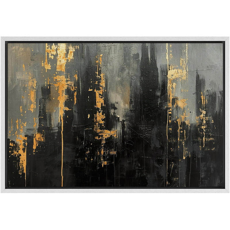 «Moody Gold Abstract City Buildings Modern Contemporary Bed Art», reproduction d'art sur toile encadrée, Cadre blanc