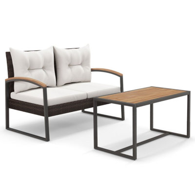 Ensemble de meubles de patio en PE 2 pièces avec table basse en bois d'acacia