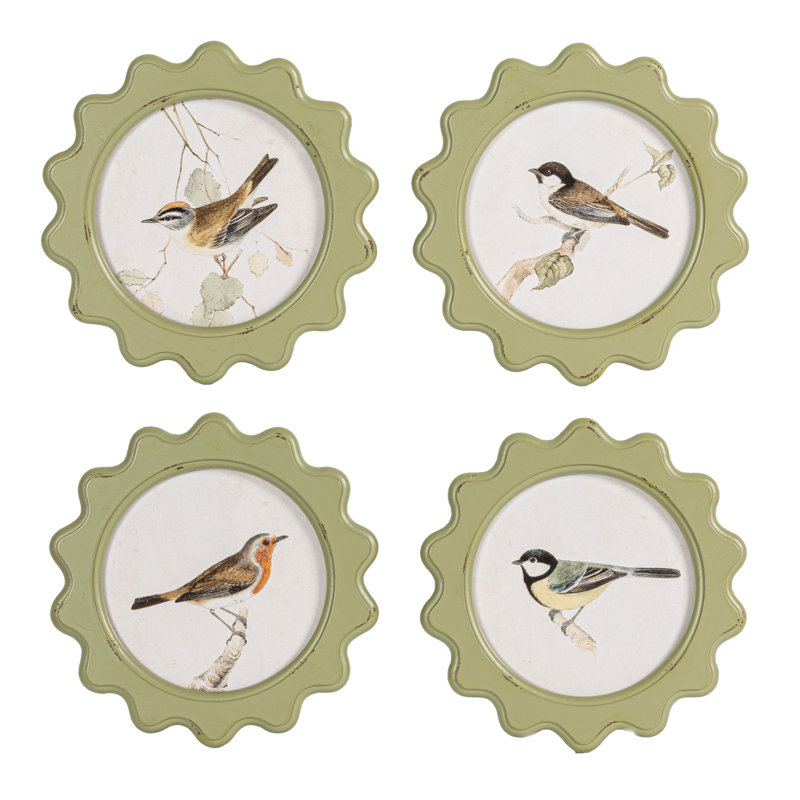 Ensemble de 4 décorations murales en verre encadré de bois avec oiseau