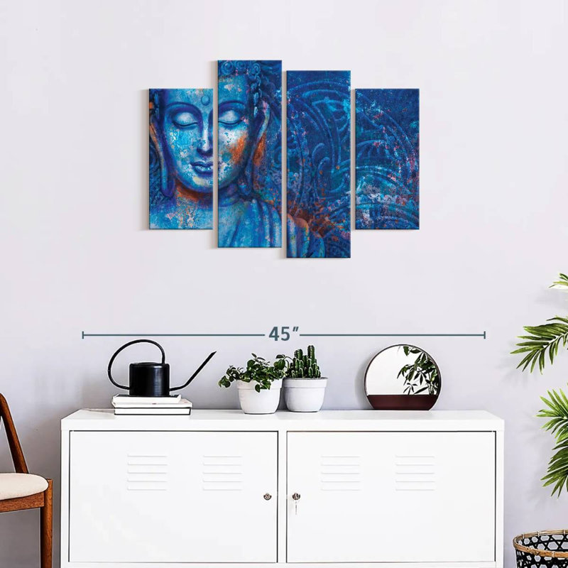 Bouddha teint en bleu Bouddha sur toile, 4 pièces, H 22 po x l 36 po x P 1 po