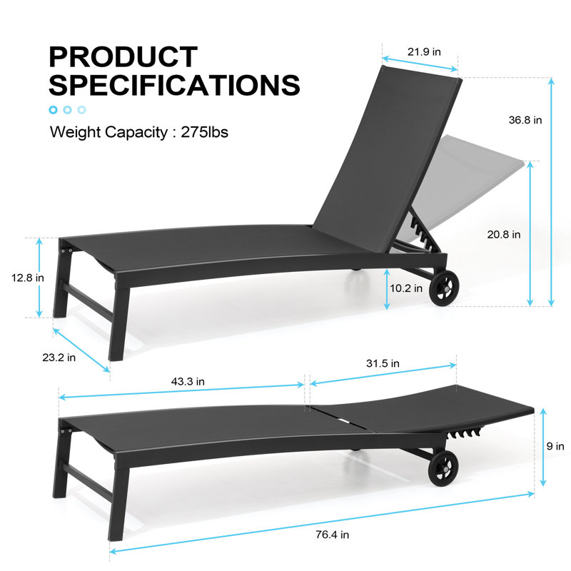 Jedidja Metal Adjustable Reclining Outdoor Chaise Lounge Chair Set with Wheels, Black
