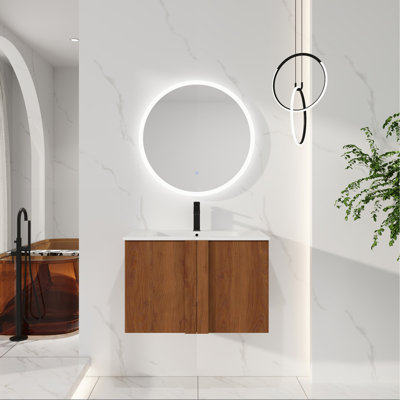 Meuble-lavabo mural 30 po avec lavabo combiné, meuble-lavabo flottant en ébène brun, portes à fermeture en douceur, conception moderne pour les petites et moyennes salles de bain