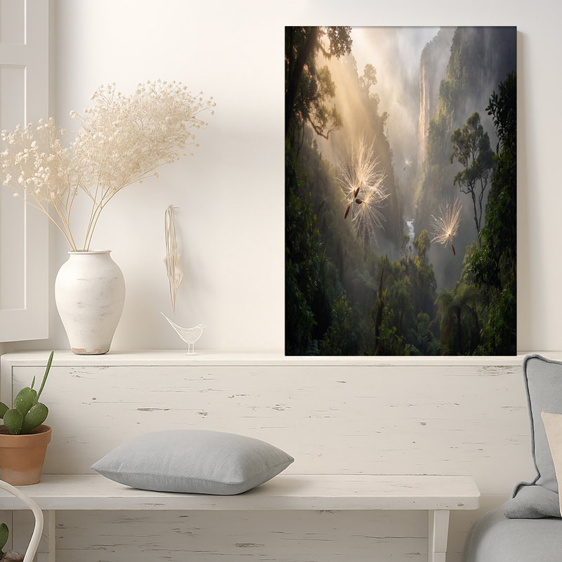 «Glowing Floating Seeds in Misty Mountain Forest», art mural, 20"H x 30"W