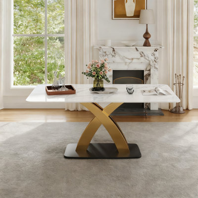 Table de salle à manger 71 po rectangulaire moderne en pierre frittée avec base en X en acier inoxydable, finition veinée en marbre blanc, coins arrondis