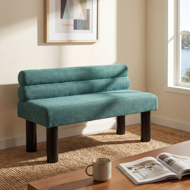 Yisroel Upholstered Dining Bench With Rubberwood Legs & Rolled Backrest, Green Polyester, Black
