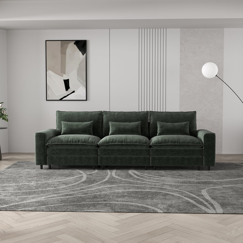 Canapé 3 places en chenille profonde avec coussins lombaires - texture douce, confort spacieux pour la vie de famille, Vert
