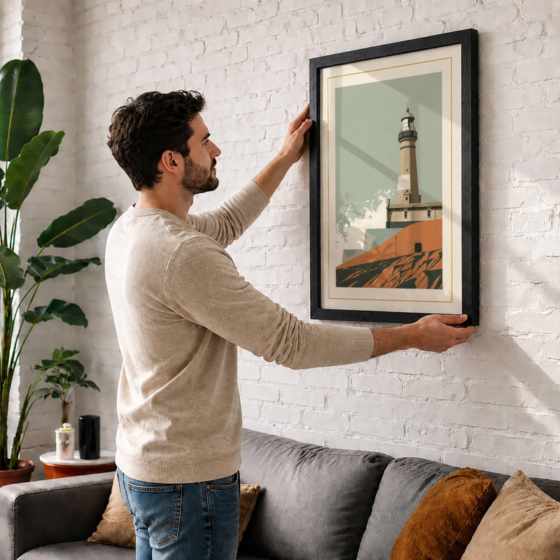 Lighthouse And Stones Coastal - Print, A2 - 59.4 x 42.0 cm, Black