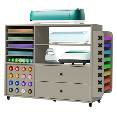 Chariot de bricolage mobile avec porte-rouleau en vinyle, armoire de rangement roulante pour Cricut, 2 tiroirs et tablettes réglables, gris