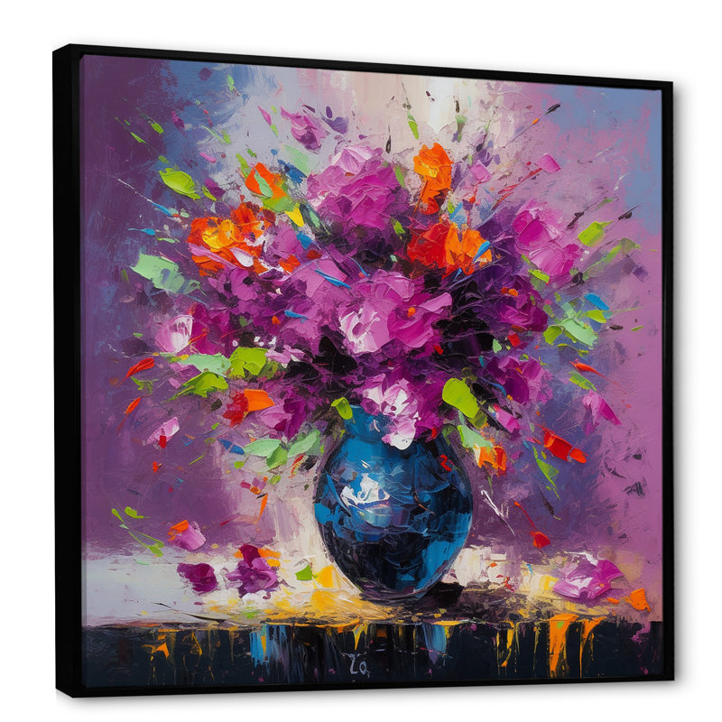 Fleurs mauves vives dans un vase noir - impression, H 30 po x l 30 po x P 1 po, Cadre flottant noir