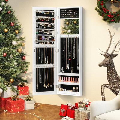 Wall/Door Mounted Jewelry Cabinet with Hooks & Storage Shelves, White