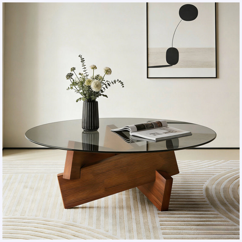 Table basse 31,5 "moderne Mid-Century avec plateau en verre trempé et base en bois de noyer, pour le salon