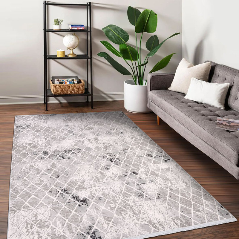 Tapis gris moderne / géométrique antidérapant lavable à la machine, Rectangle 4 pi x 5 pi 11 po