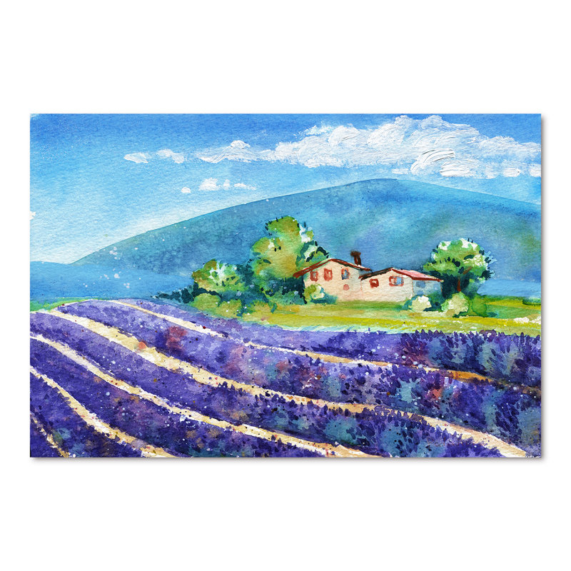Beaux champs de lavande en fleurs avec maison - peinture sur toile, H 40 po x l 60 po, Toile tendue