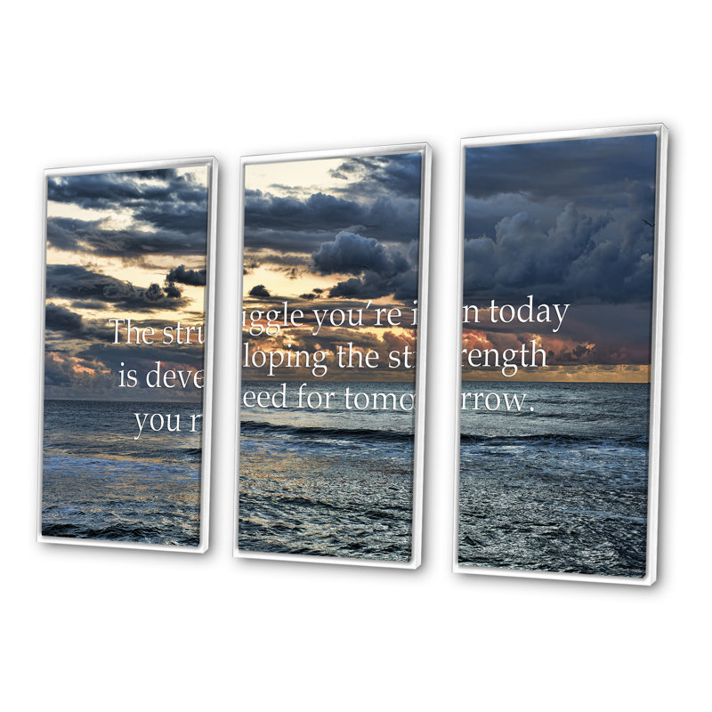 Océan et citation inspirante - 3 pièces d'art textuel sur toile, H 32 po x l 48 po, Blanc