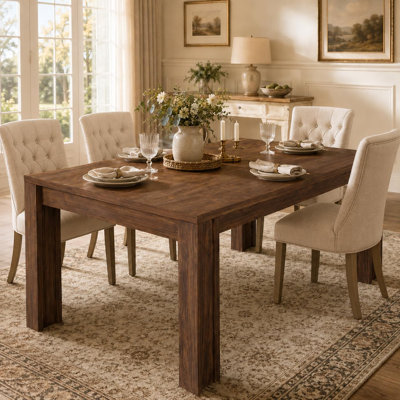 63" Farmhouse Dining Table, Seats 6-8, Rectangular Kitchen Table H-Legs & Wood Strip Base, Walnut