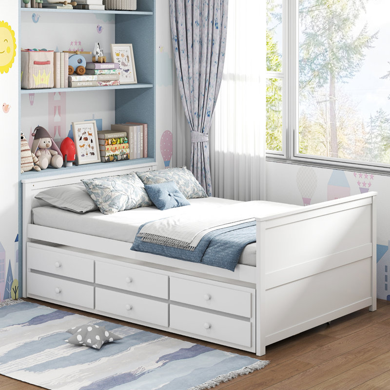 Structure de lit double avec lit gigogne simple et 3 tiroirs de rangement avec pied de lit