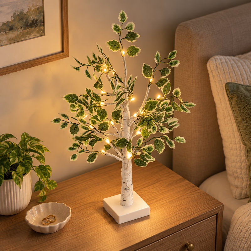 Lampe de table 24 "en bouleau blanc avec 24 lumières DEL blanc chaud