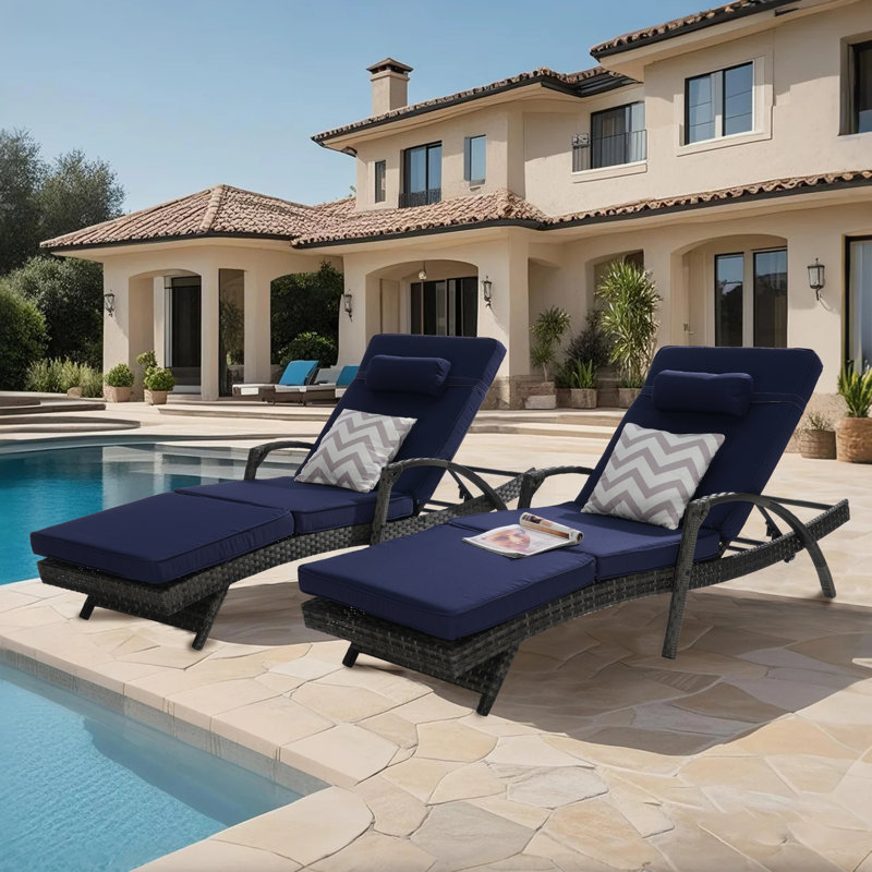 Boho Upholstered Rattan Armchair (Set of 2), Wicker Accent Lounge Chair with Curved Armrests & Thick Cushions, Dark Blue