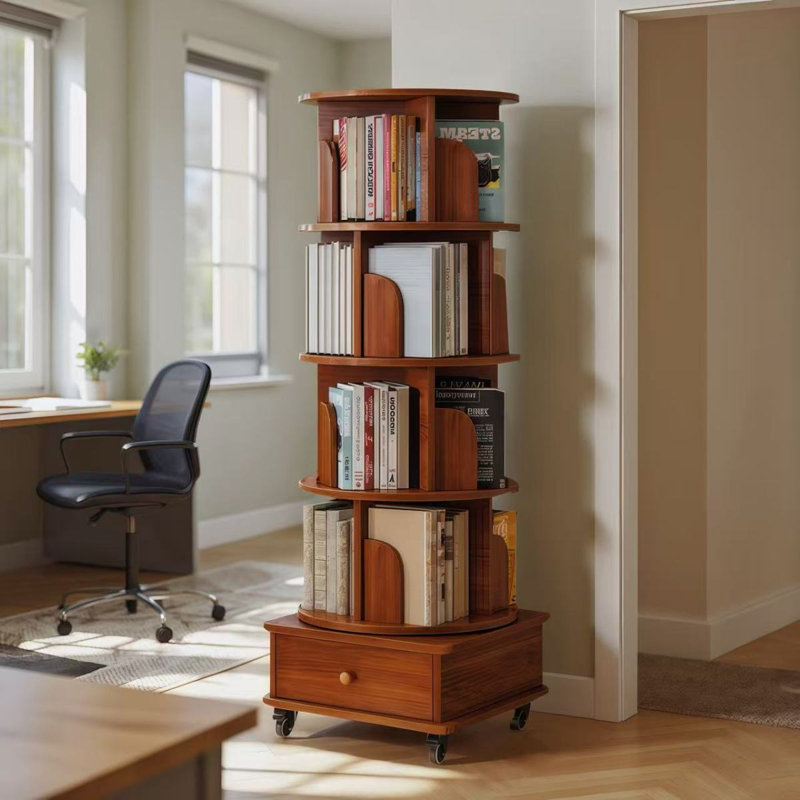 Rotating Bookshelf With Drawer, 360 Display 5 Tier Corner Bookshelf For Small Space, Floor Standing Bookcase Storage Rack, Wood Narrow Book Shelf Organizer For Bedroom, Living Room (WALNUT)