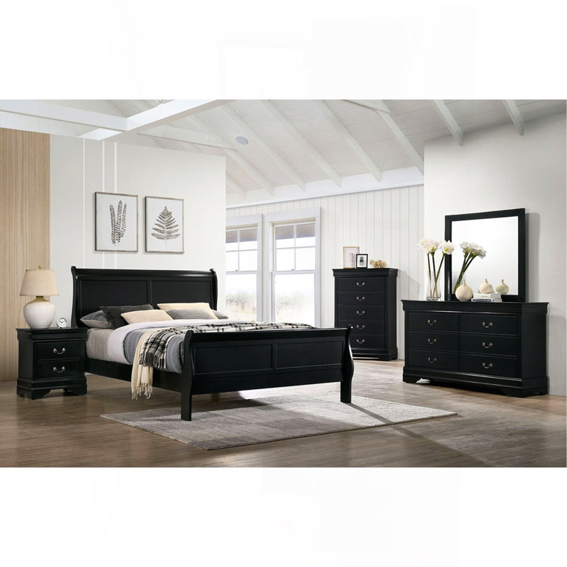 Lit en bois massif noir 1pc, Grand lit