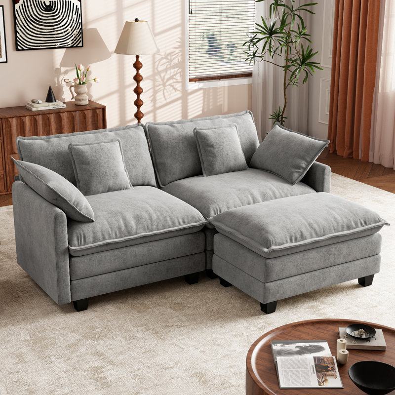 George 76.8" Modern 3 Seat Chenille L Shaped Modular Sectional Sofa With Ottoman, Gray 